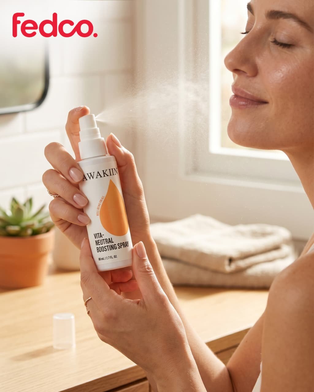 Awakiin Vita-Neutral Boosting Spray aplicado en el rostro
